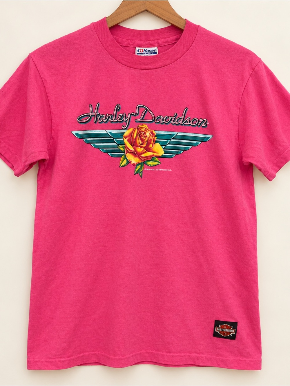 Vintage 1990 Hanes Harley-Davidson Men's Pink Logo Single Stitch Tee